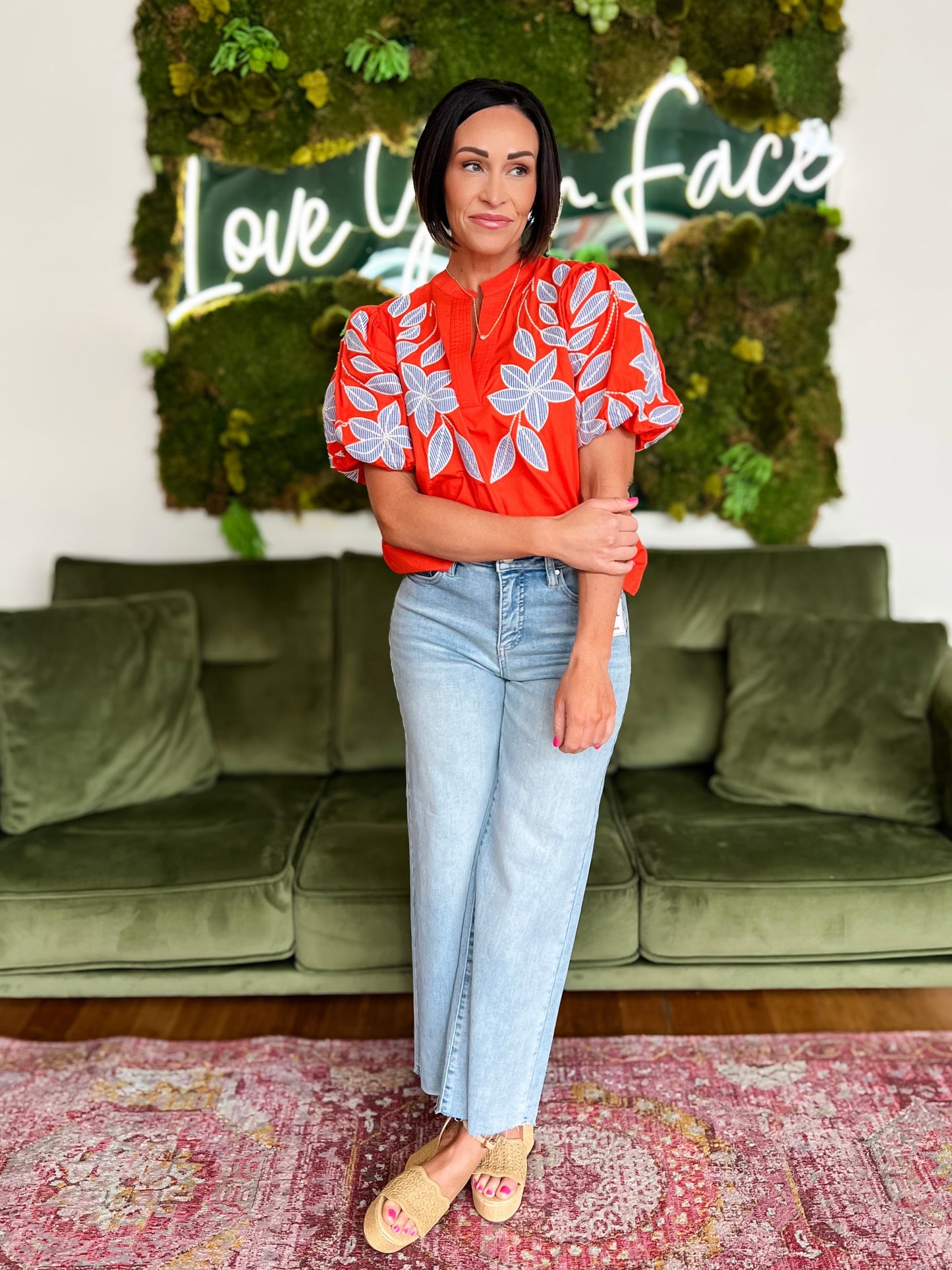 Orange Puff Sleeve Embroidered Detail Top