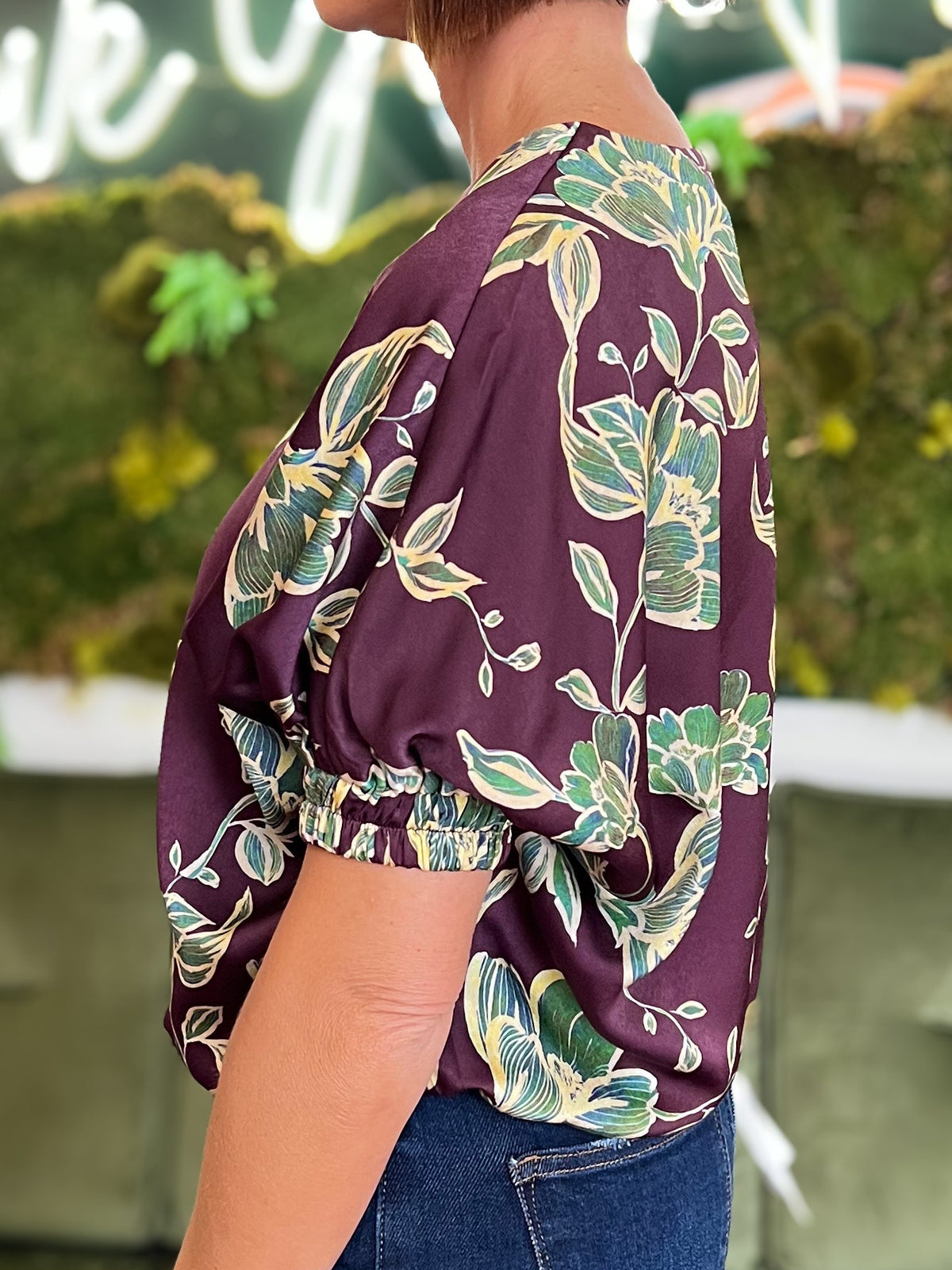 Purple Satin Floral Print Blouse