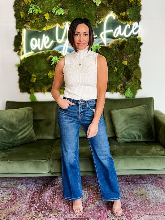 Off White Sleeveless High Neck Ribbed Sweater