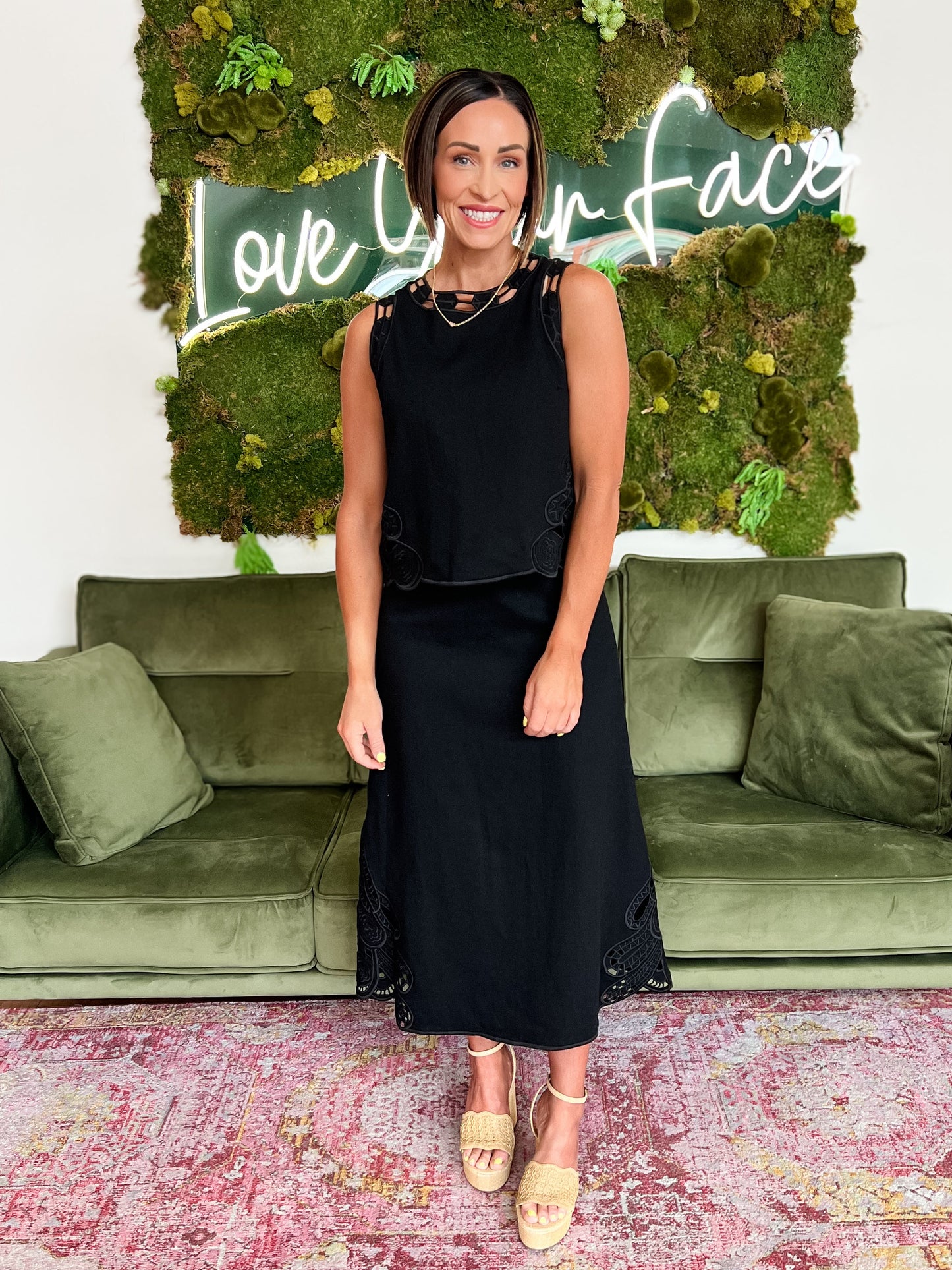 Black Embroidered Edge Midi Skirt Set