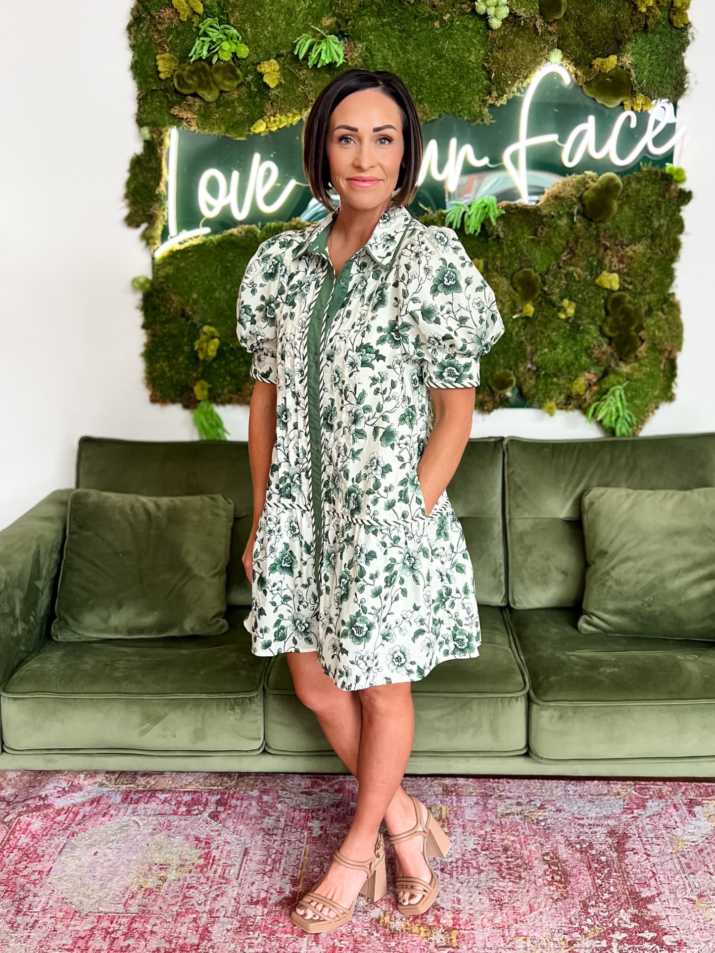 Green Floral Print Mini Dress