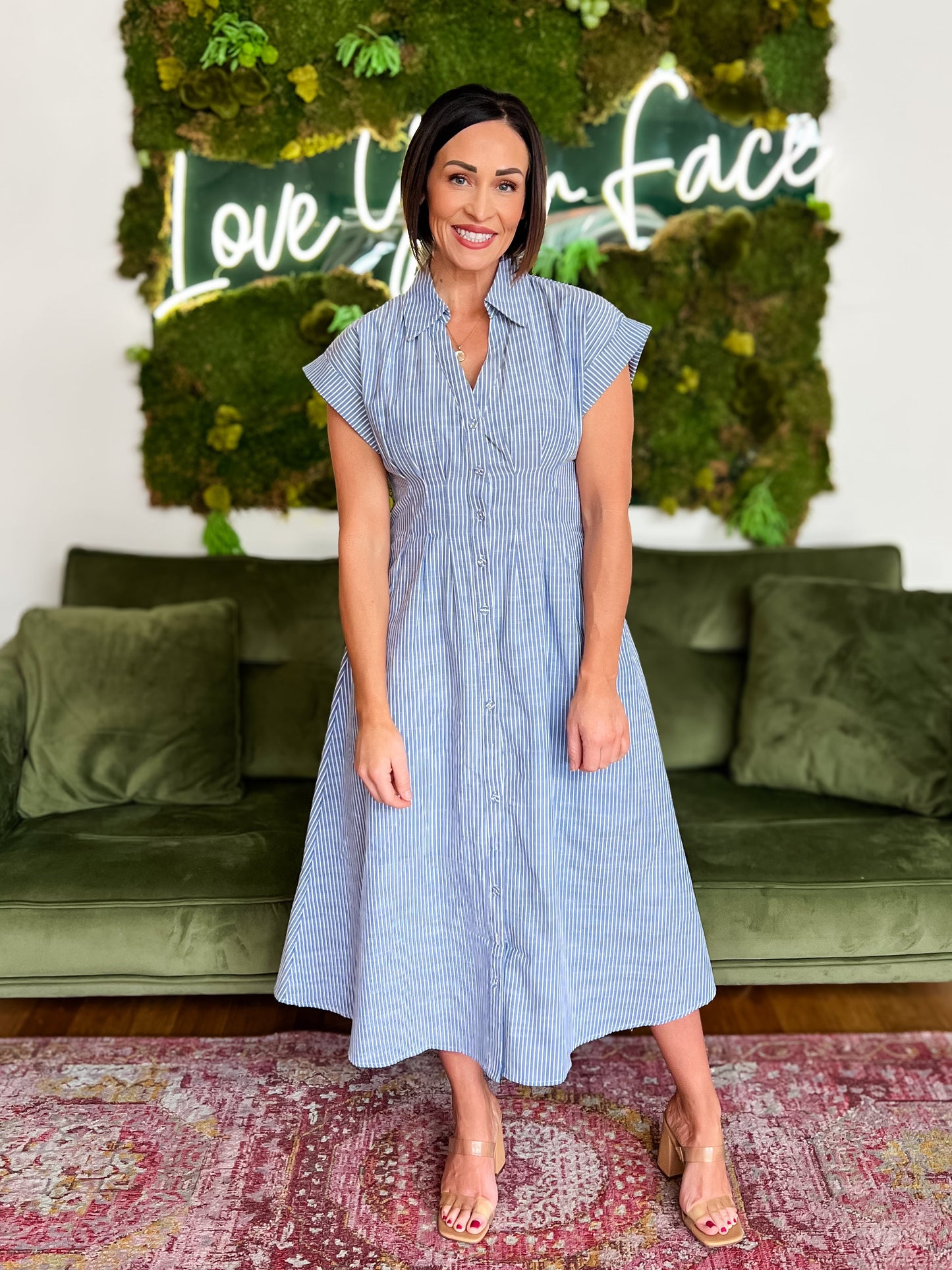 Blue/ White Striped Pleated Midi Shirt Dress