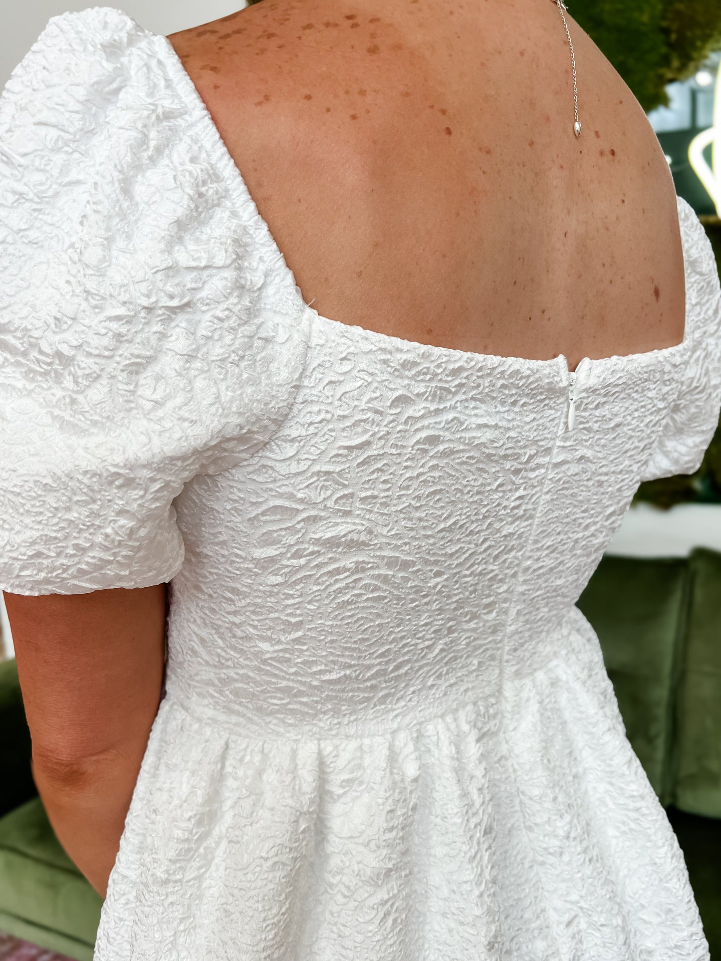 Off White Jacquard Square Neck Babydoll Dress