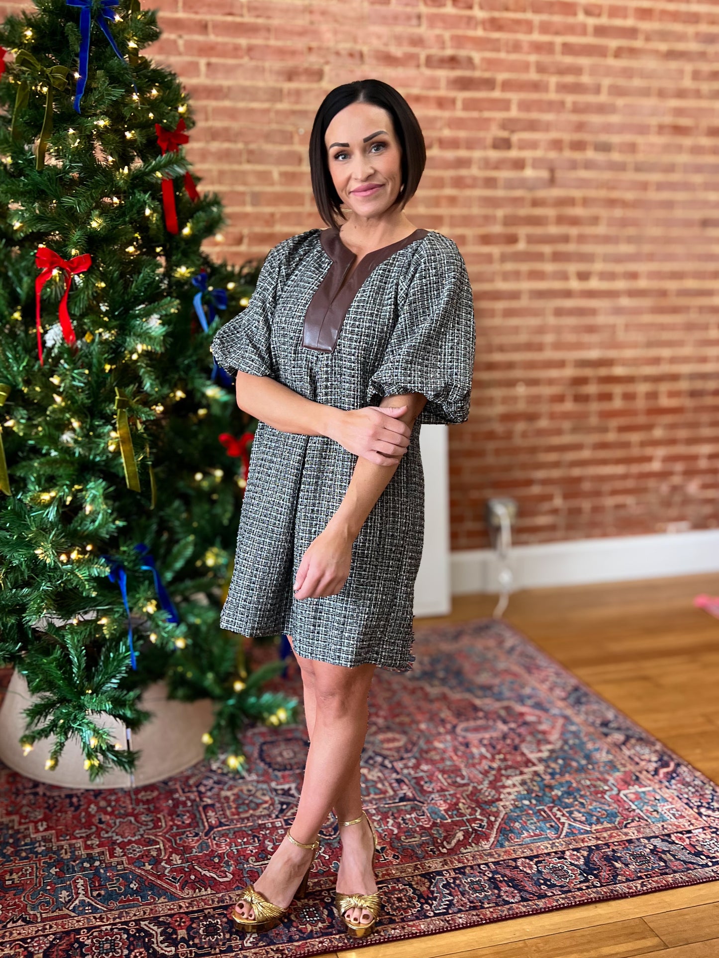 Black Tweed Split Neck Puff Sleeve Dress