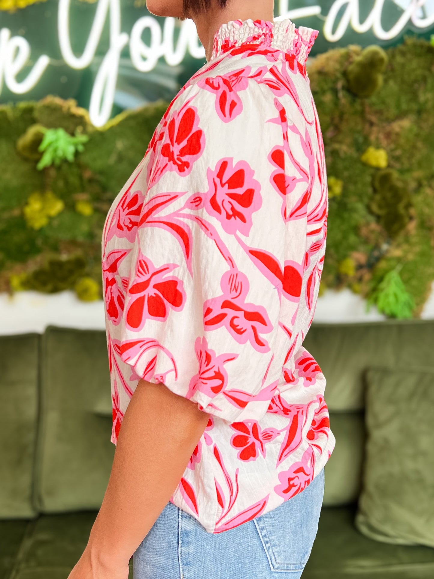 Pink Floral Print Puff Sleeve Top