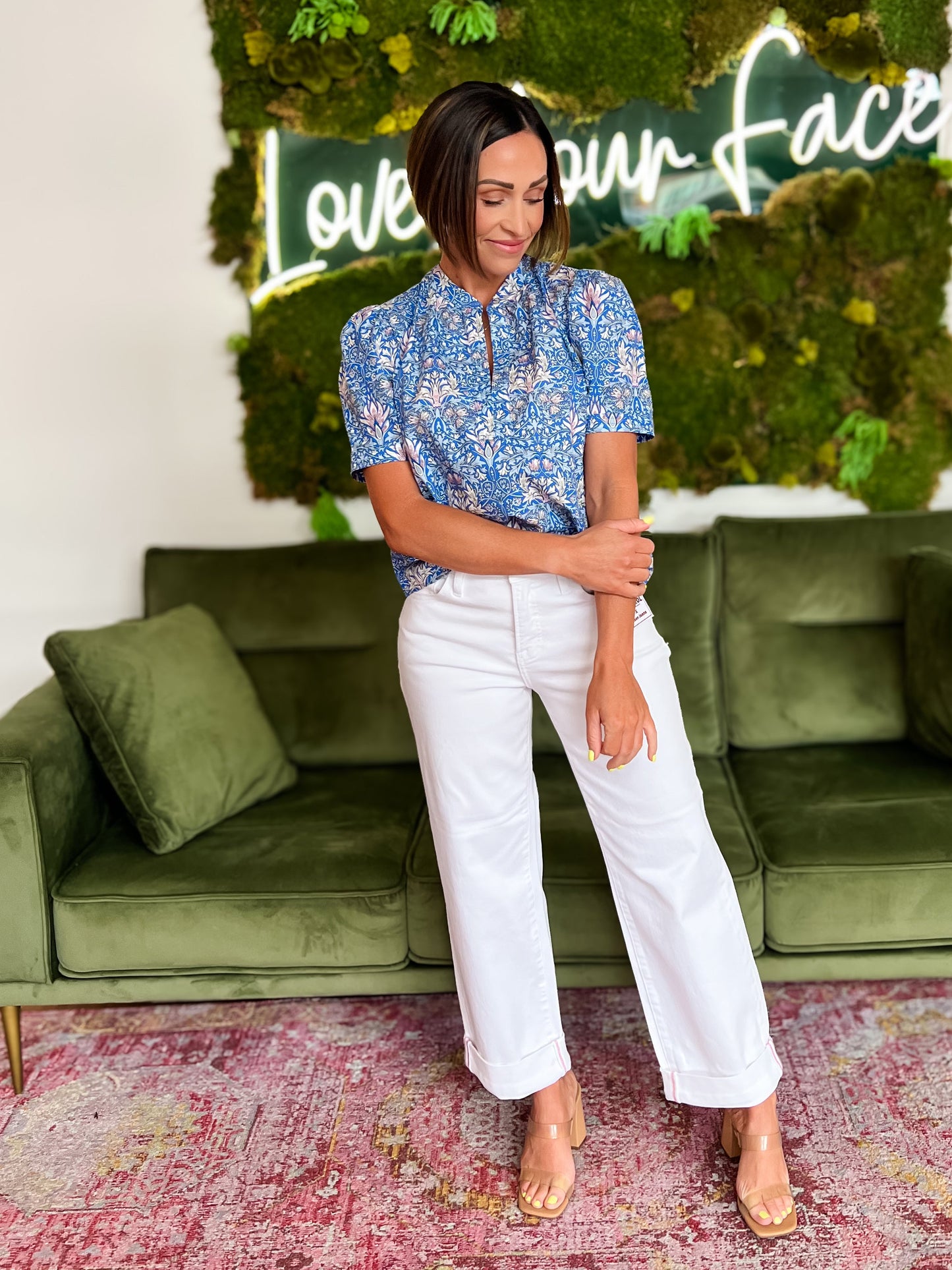 Blue Print Short Sleeve Blouse