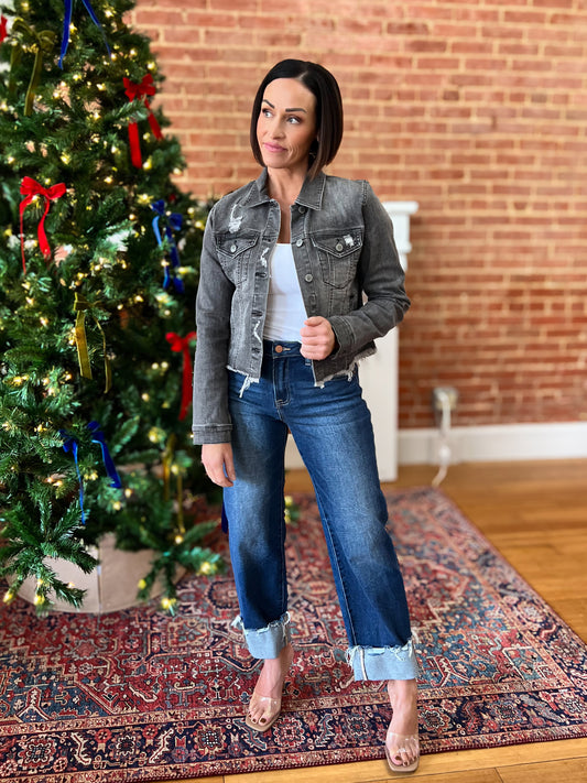 Grey Frayed Hem Washed Denim Jacket