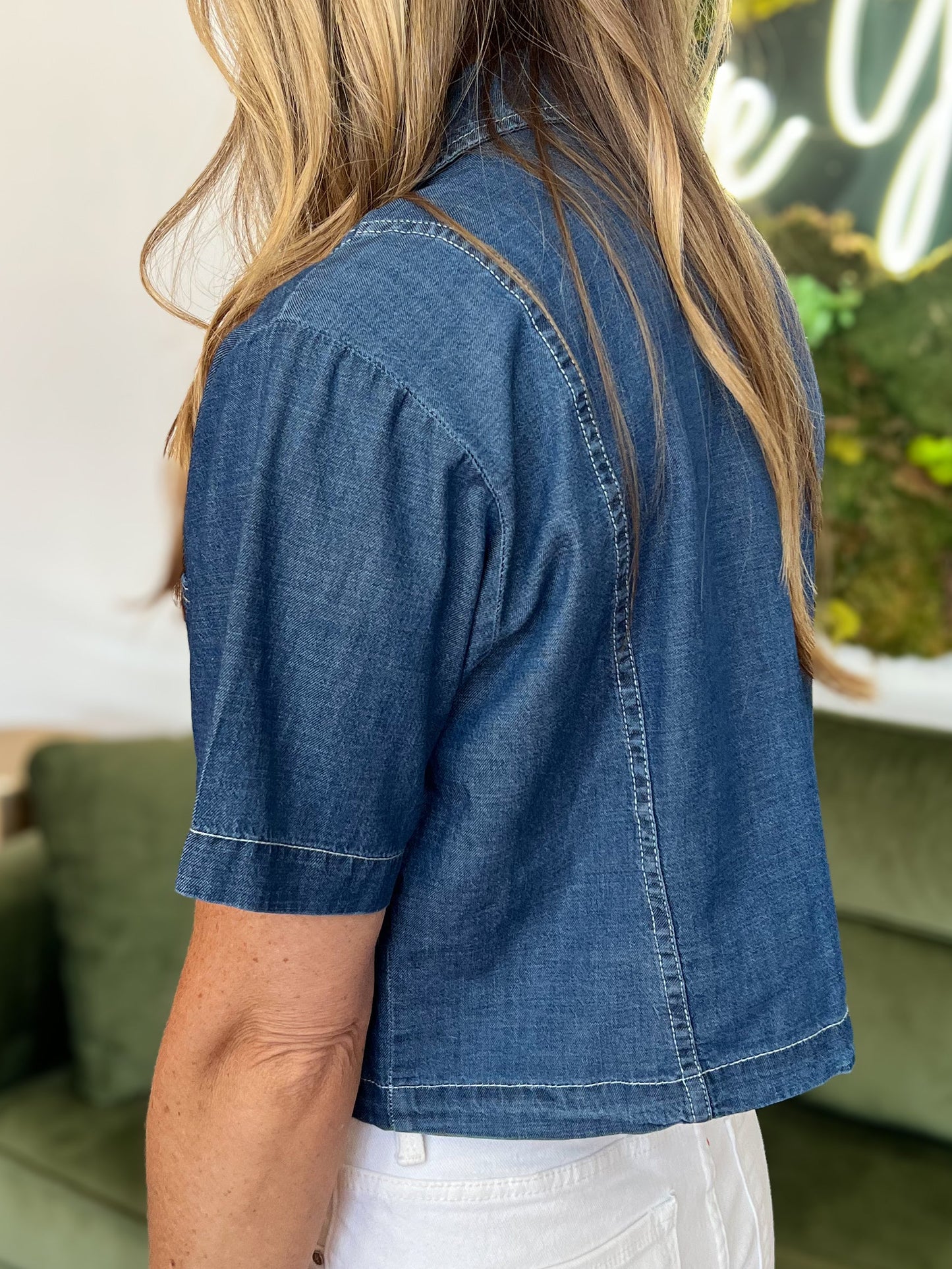 Boxy Cropped Denim Button Down Top