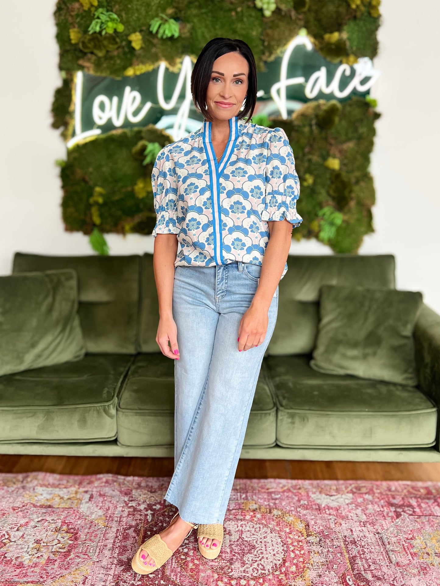 Sky Blue Print Contrast Trim Blouse