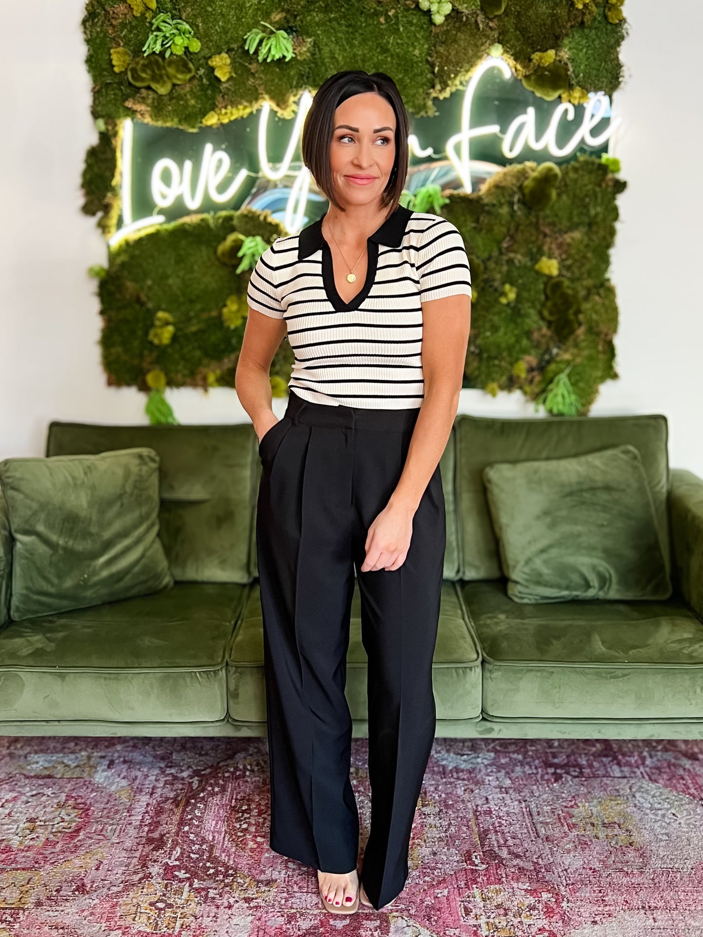 Ivory/ Black Striped Collared Short Sleeve Knit Top