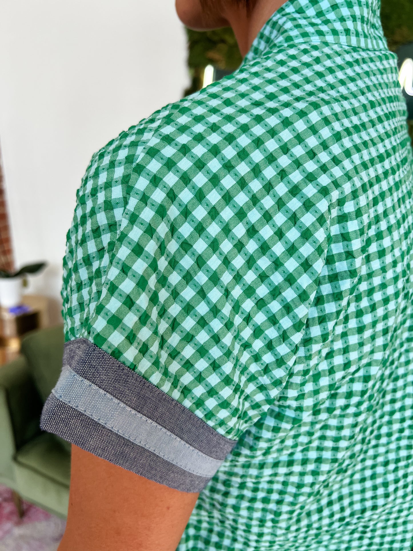 Green Short Sleeve Gingham Top