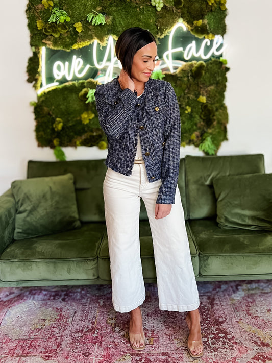 Navy Fringe Hem Tweed Jacket