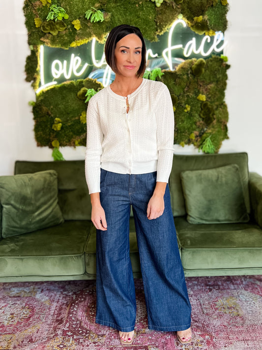 Ivory Pointelle 3/4 Sleeve Cardigan