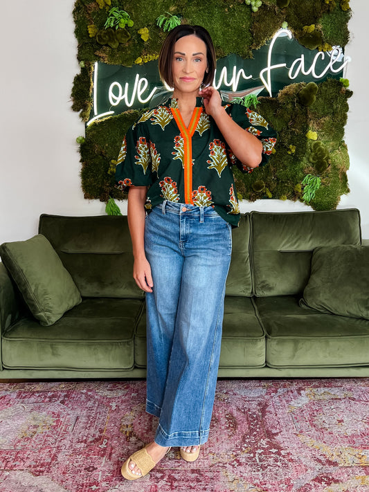 Green Puff Sleeve Floral Detail Top