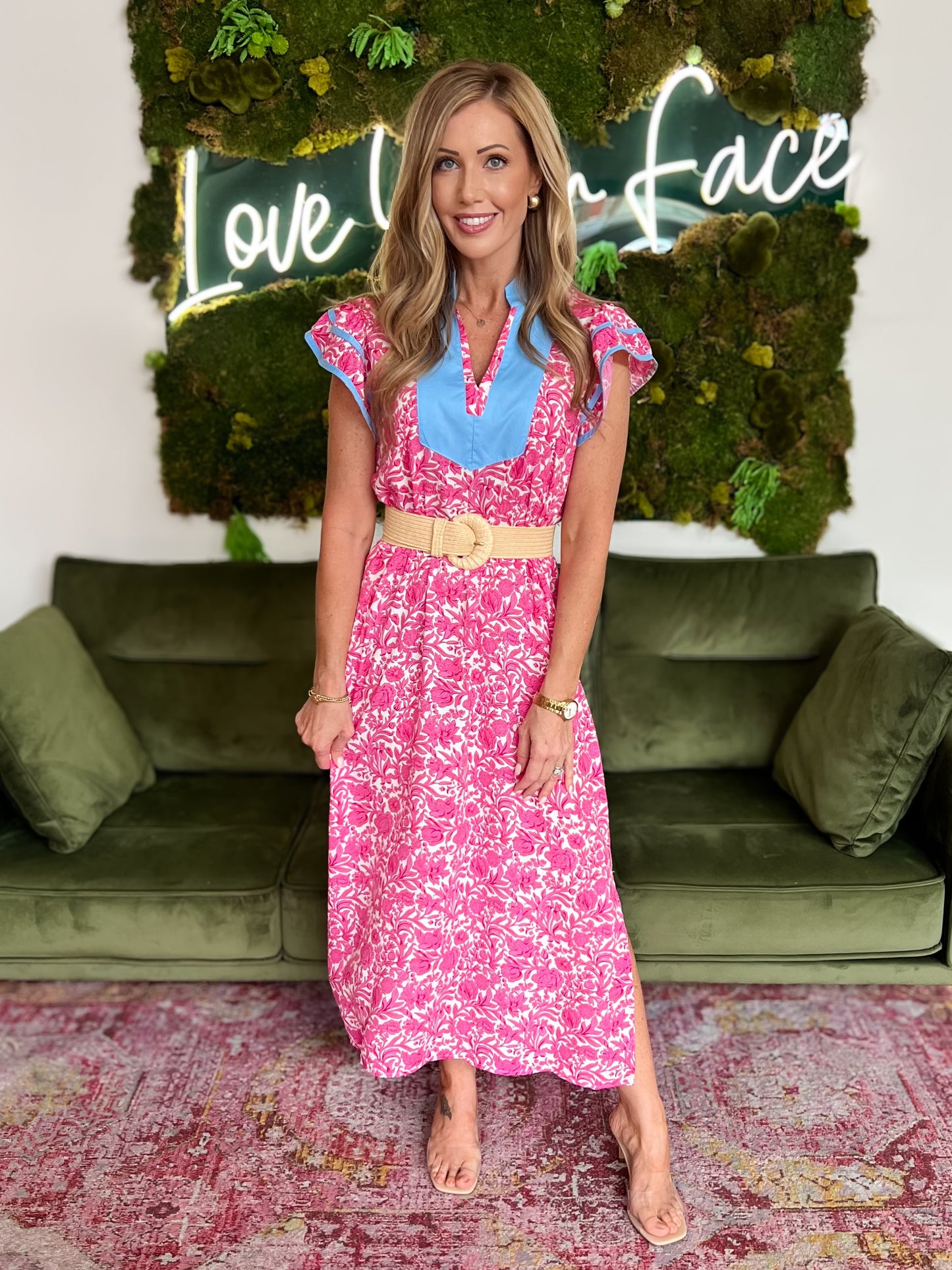 Pink Floral Short Sleeve Midi Dress