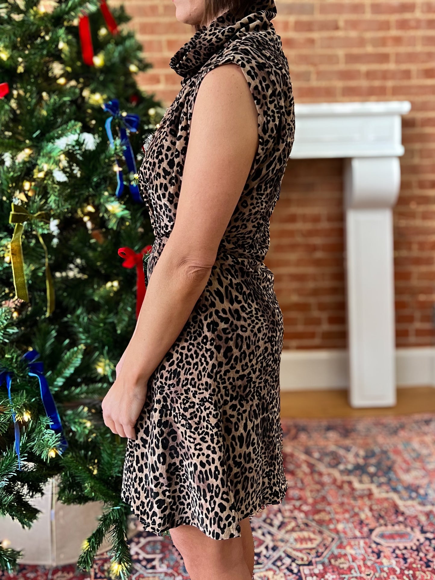 Brown Sleeveless Suede Cheetah Print Dress