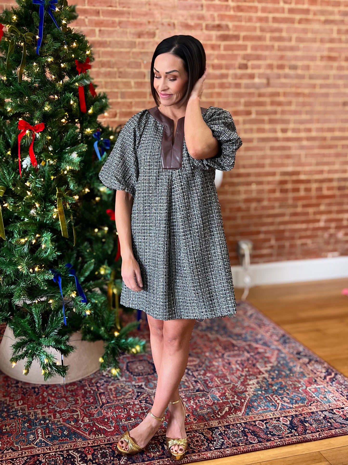 Black Tweed Split Neck Puff Sleeve Dress