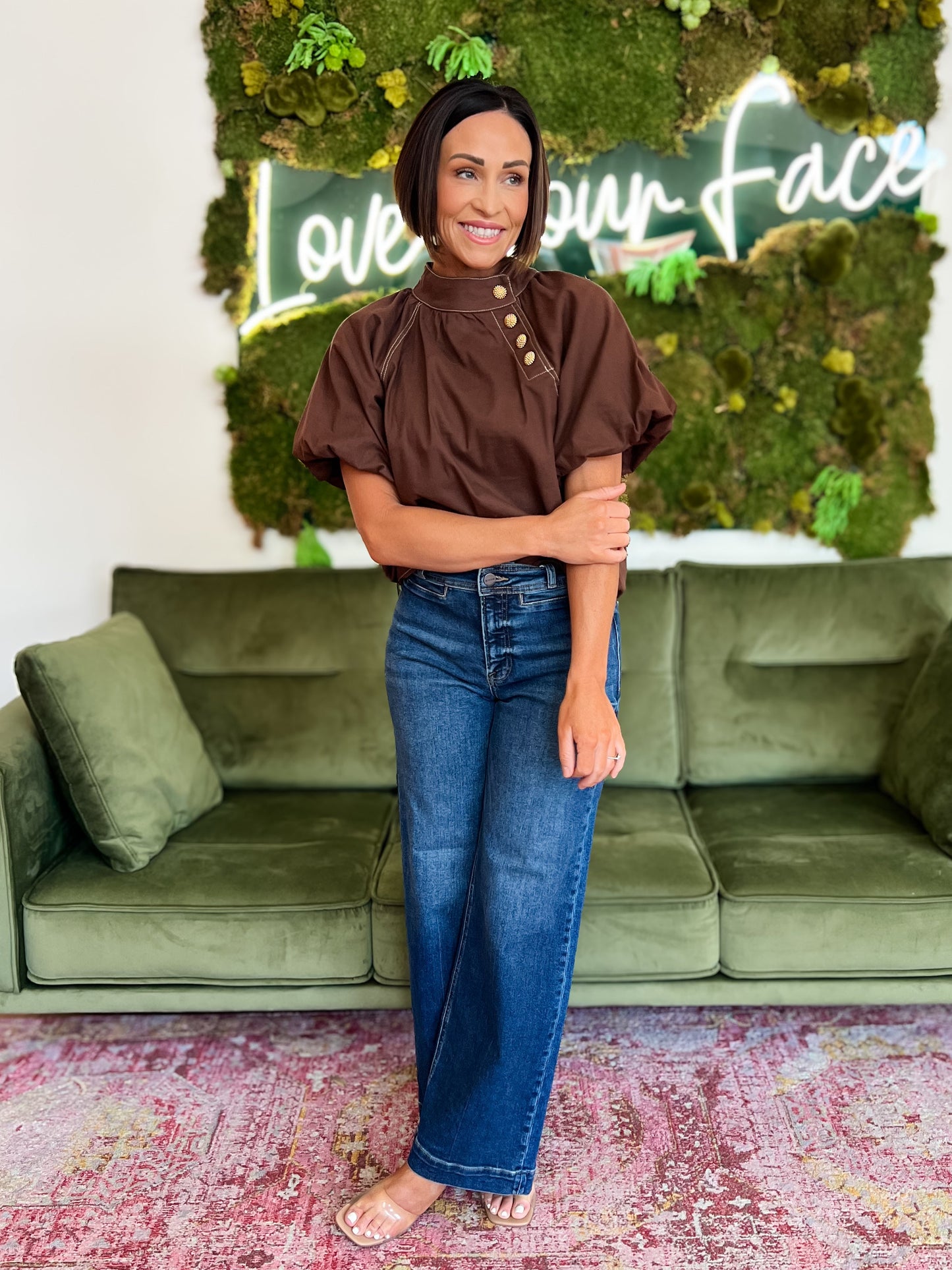 Brown Puff Sleeve Gold Toned Side Button Top