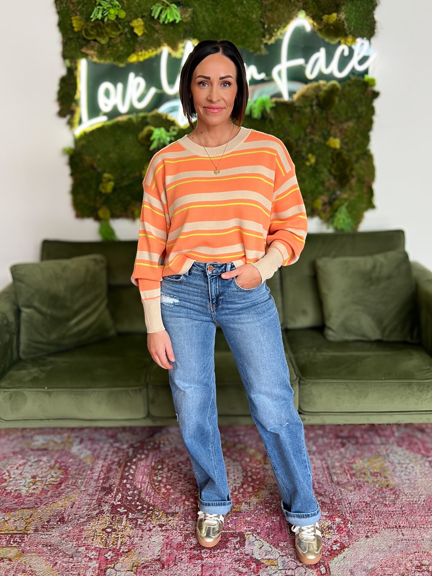 Beige/ Orange Multi Striped Cropped Sweater