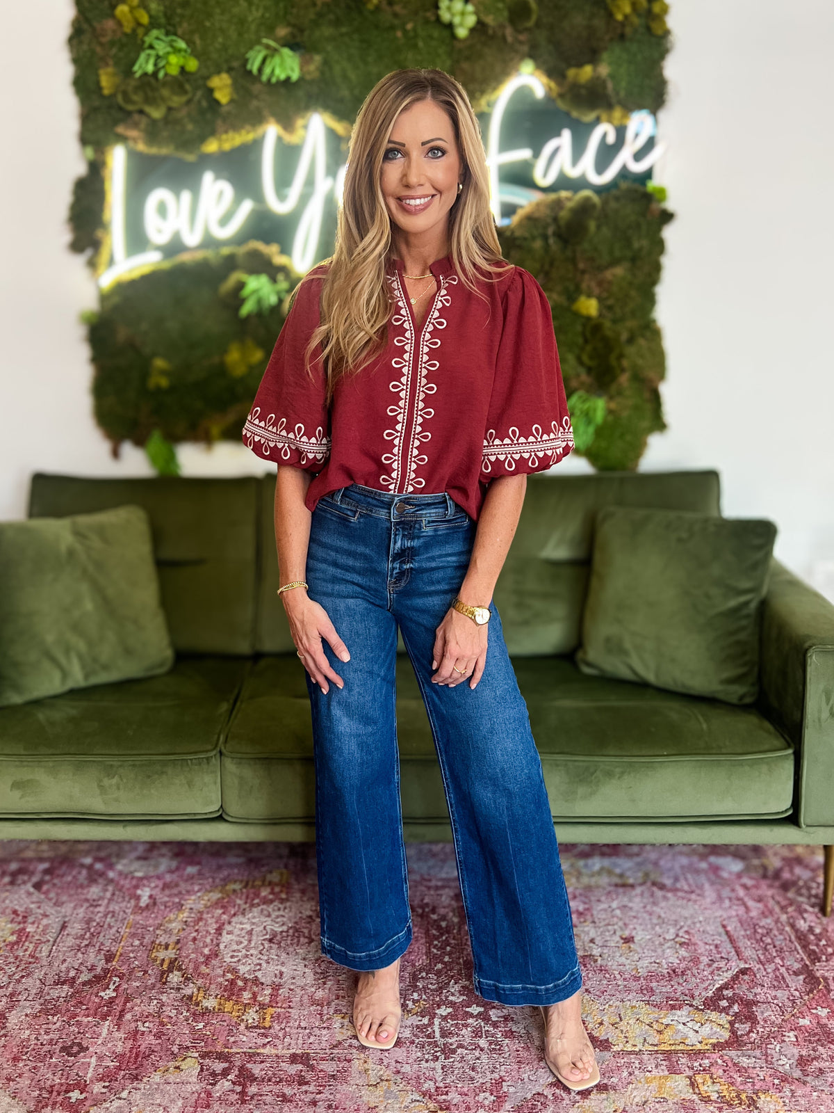 Garnet Embroidered Puff Sleeve Top