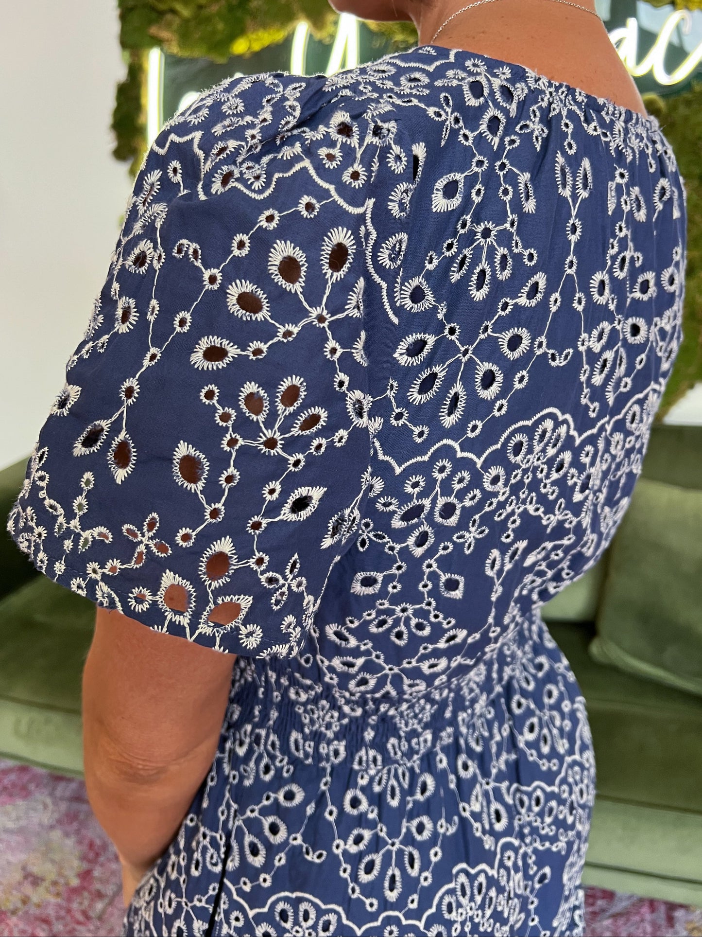 Navy Eyelet Poplin Tiered Maxi Dress
