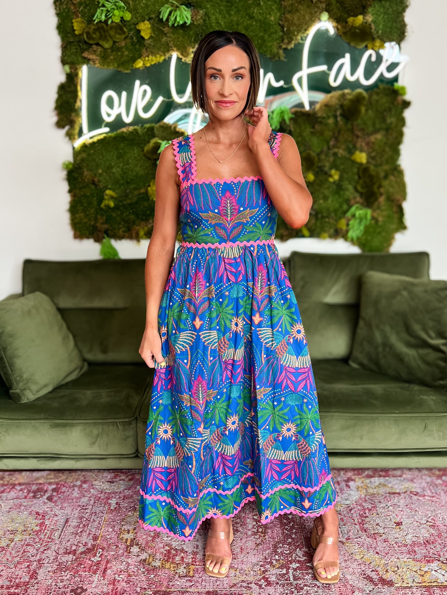 Blue Multi Tropical Print Midi Dress