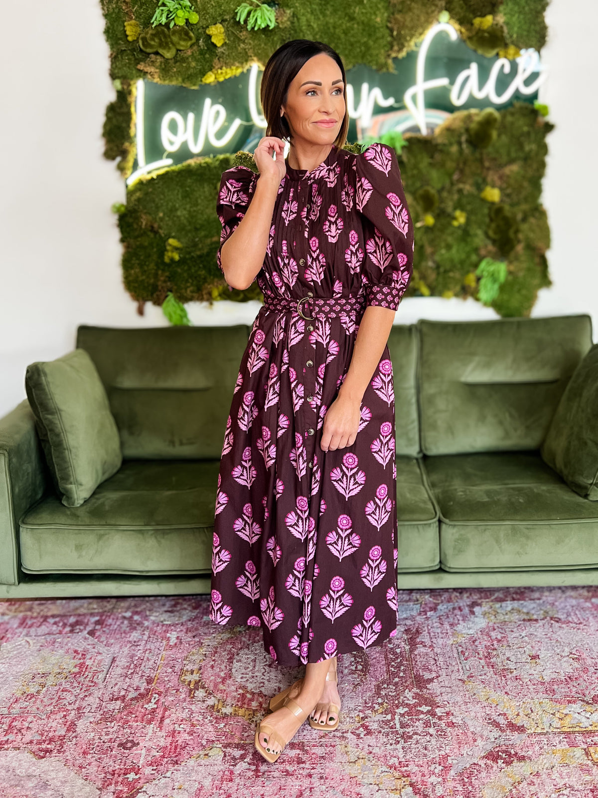 Chocolate Floral Print Belted Midi Dress