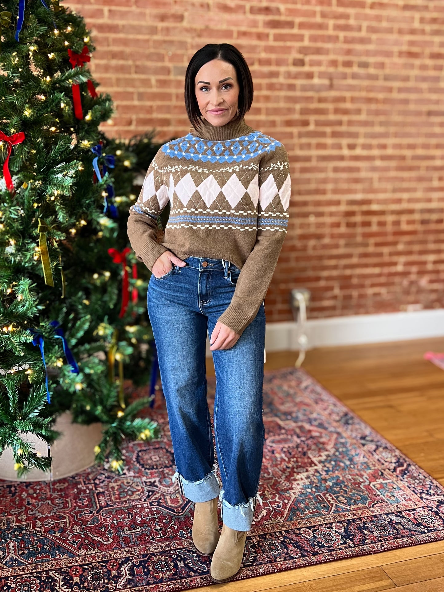 Brown Fair Isle Mock Neck Sweater