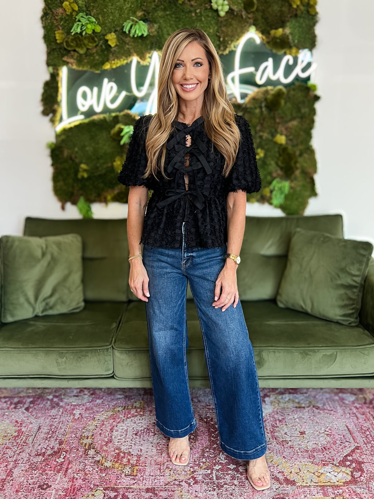 Black Fringe Tie Front Top