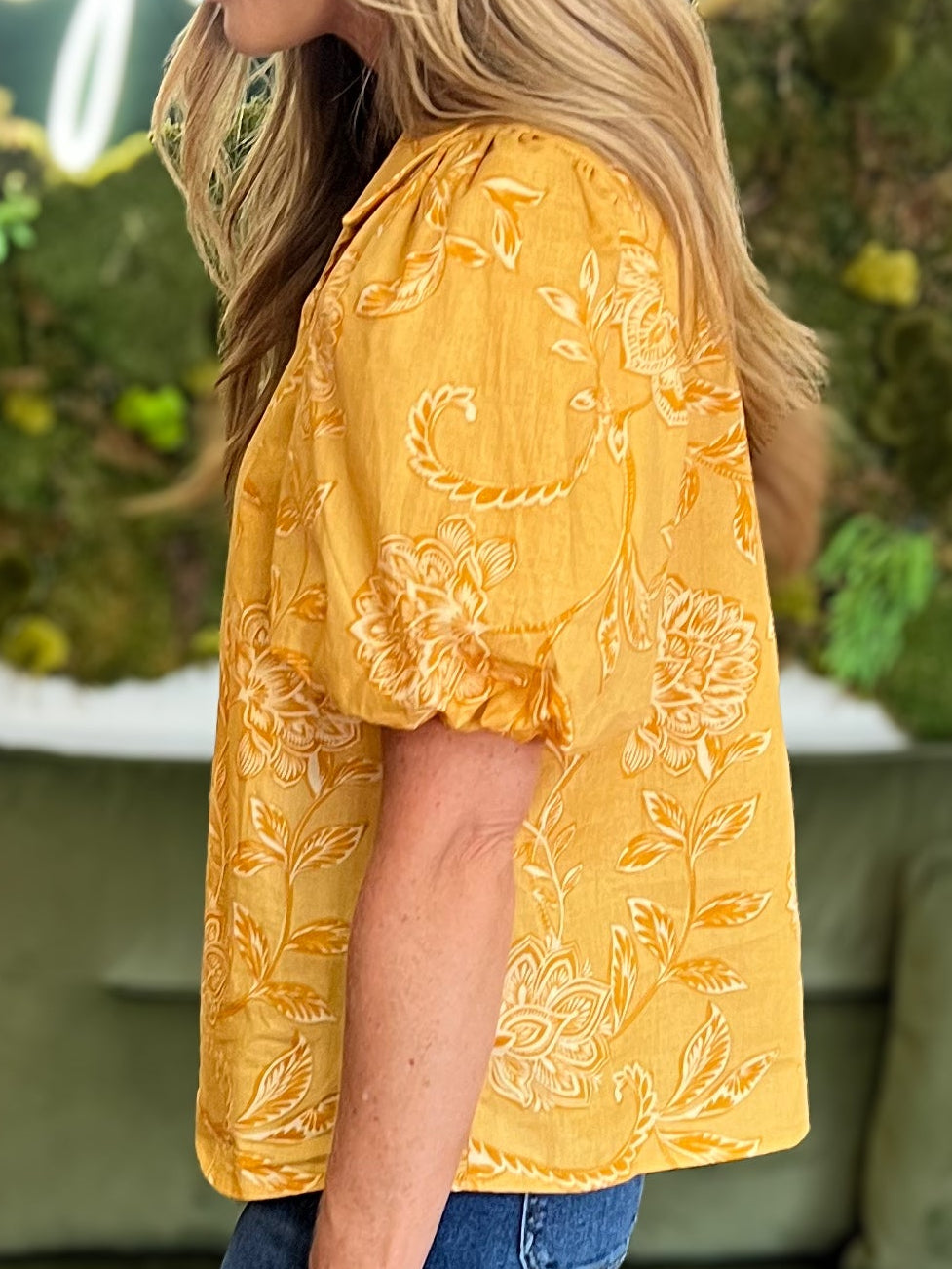 Mustard Floral Button Down Puff Sleeve Top