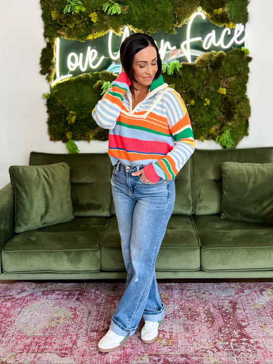 Multi Color Striped Half Zip Sweater
