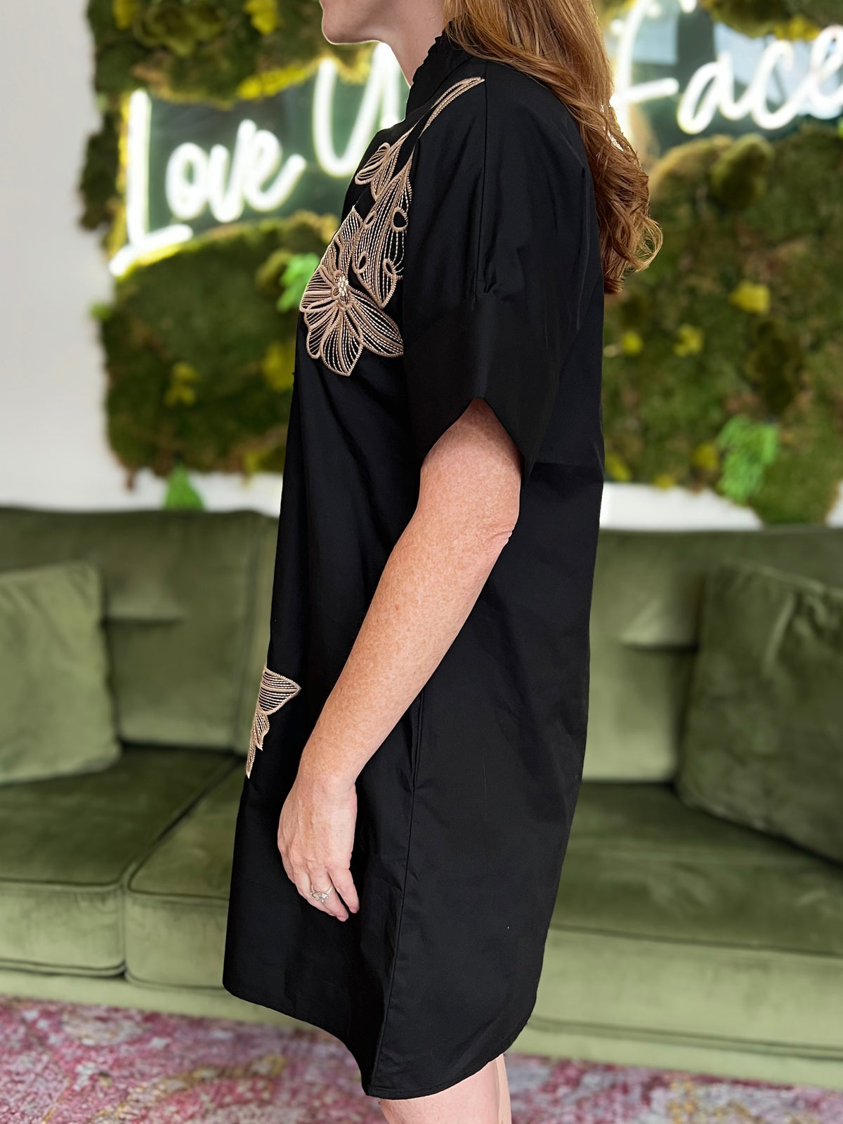 Black Embroidered Floral Collared Short Dress
