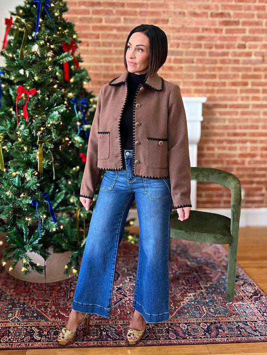 Chocolate/ Black Embroidery Contrast Boucle Jacket