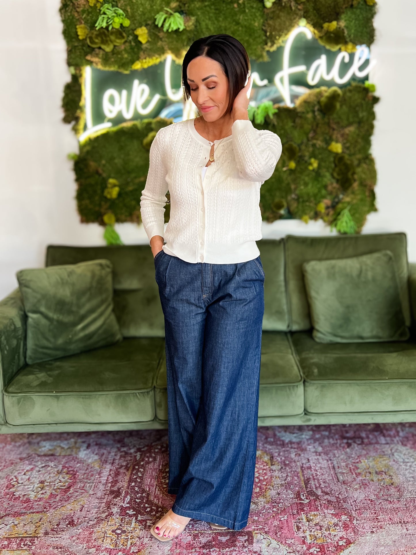 Ivory Pointelle 3/4 Sleeve Cardigan