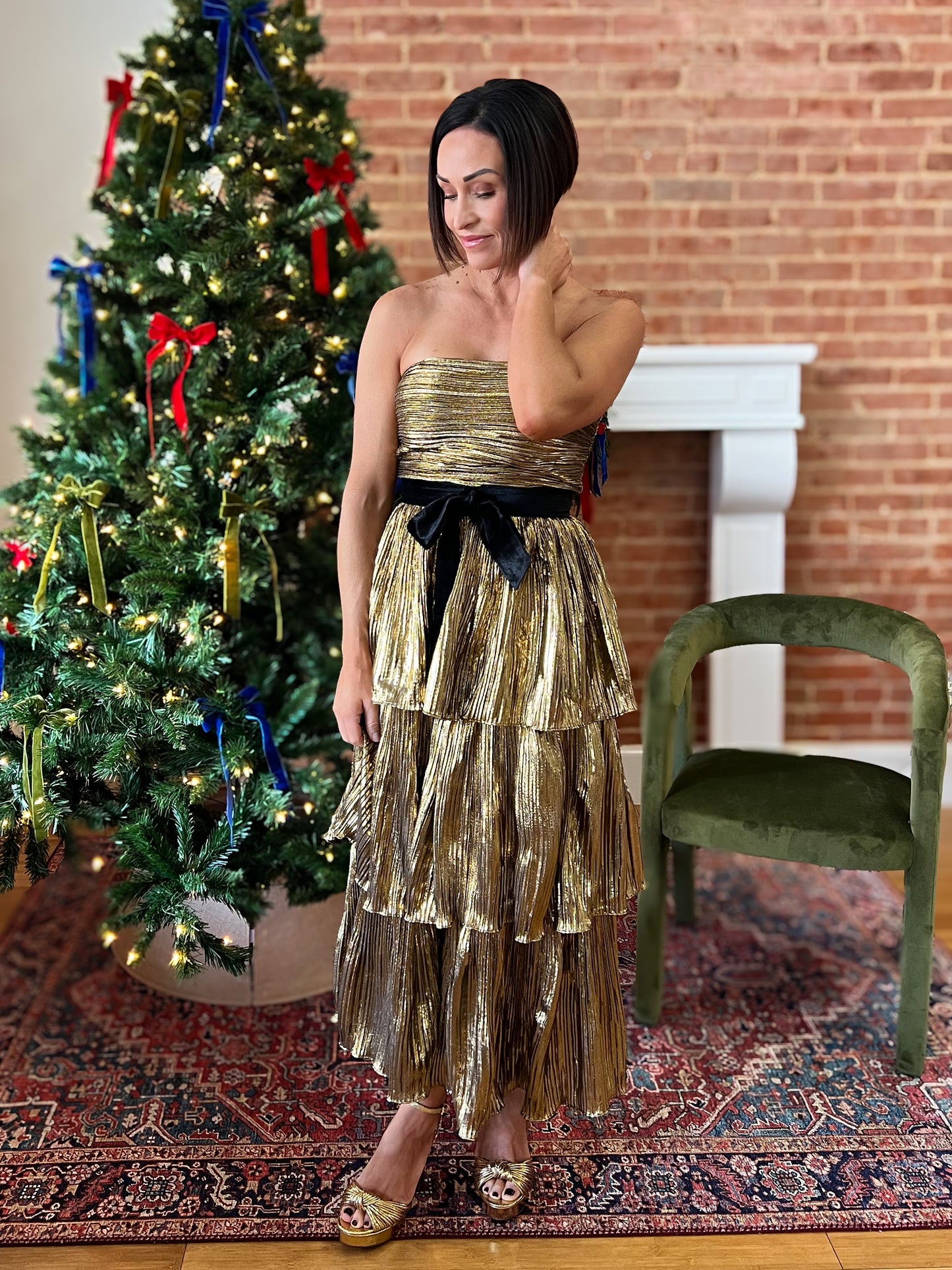 Gold Metallic Tiered Midi Dress