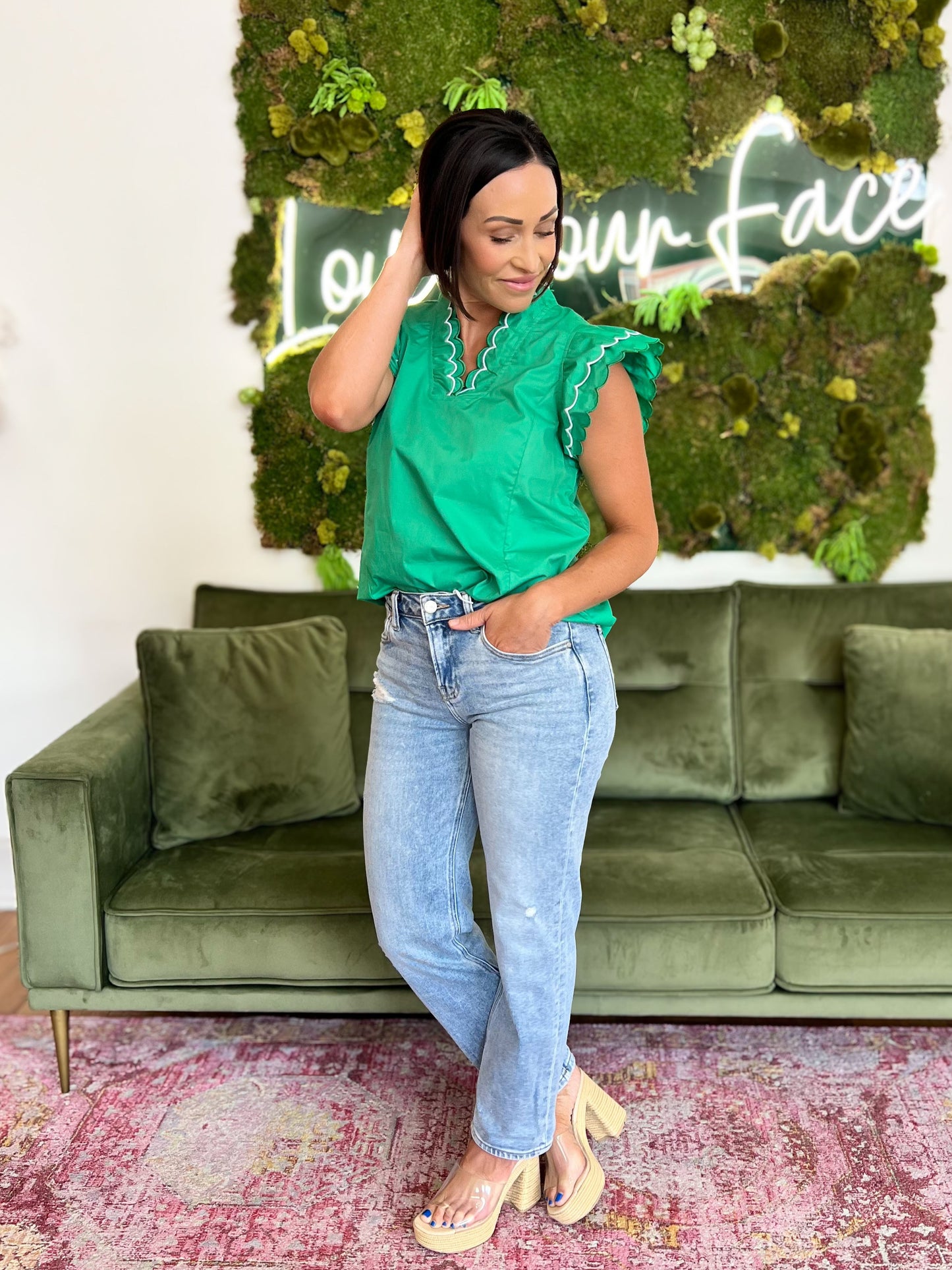 Green Scallop Trim Short Sleeve Blouse