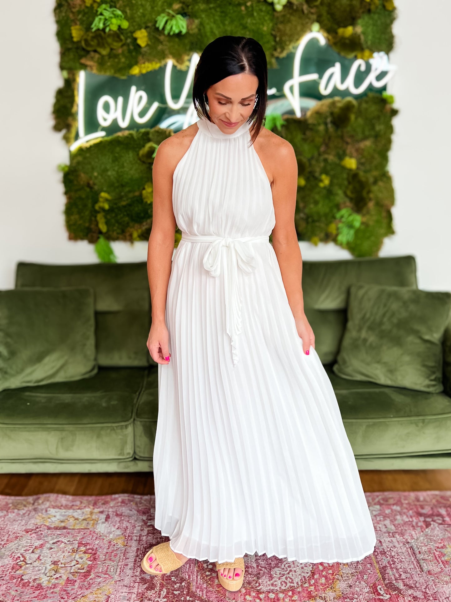 White Pleated Halter Neck Maxi Dress