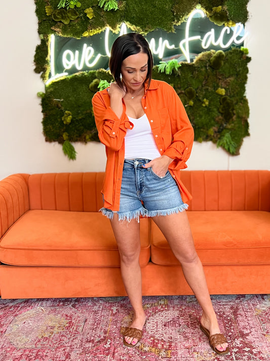 Orange Linen Blend Button Down Shirt