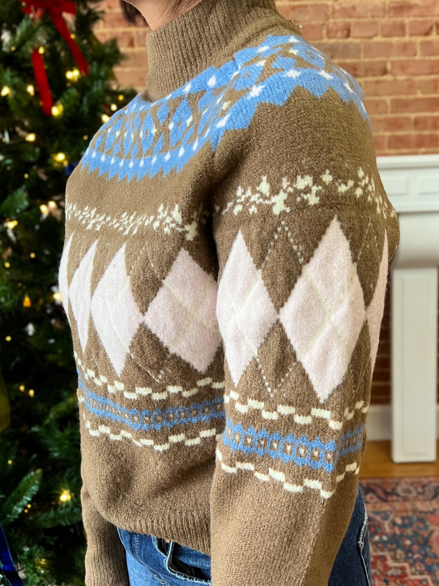 Brown Fair Isle Mock Neck Sweater