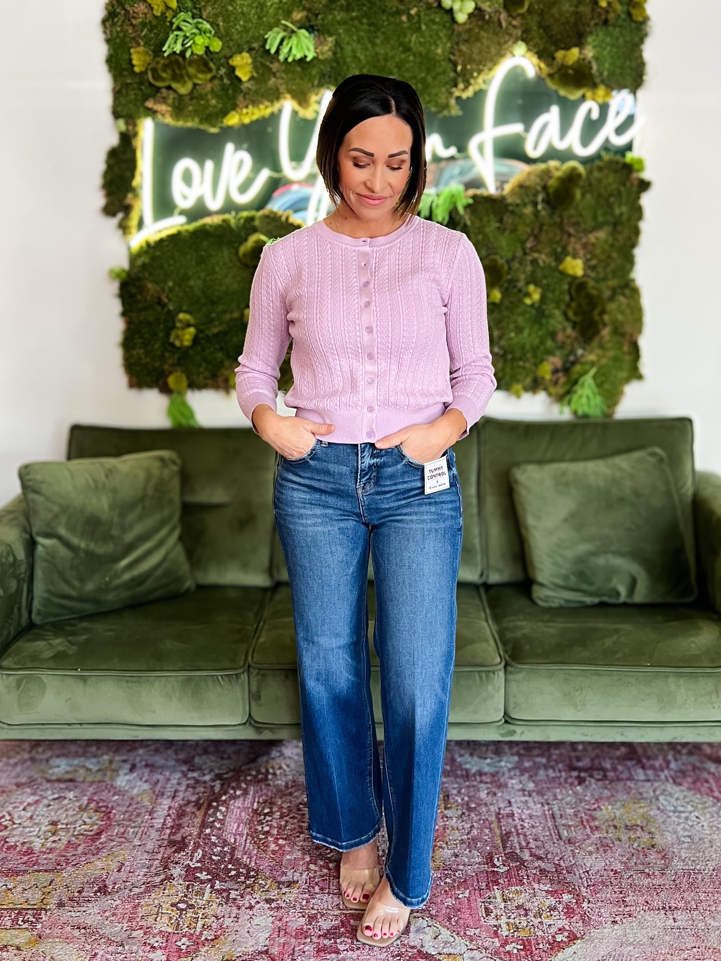 Lilac Pointelle 3/4 Sleeve Cardigan