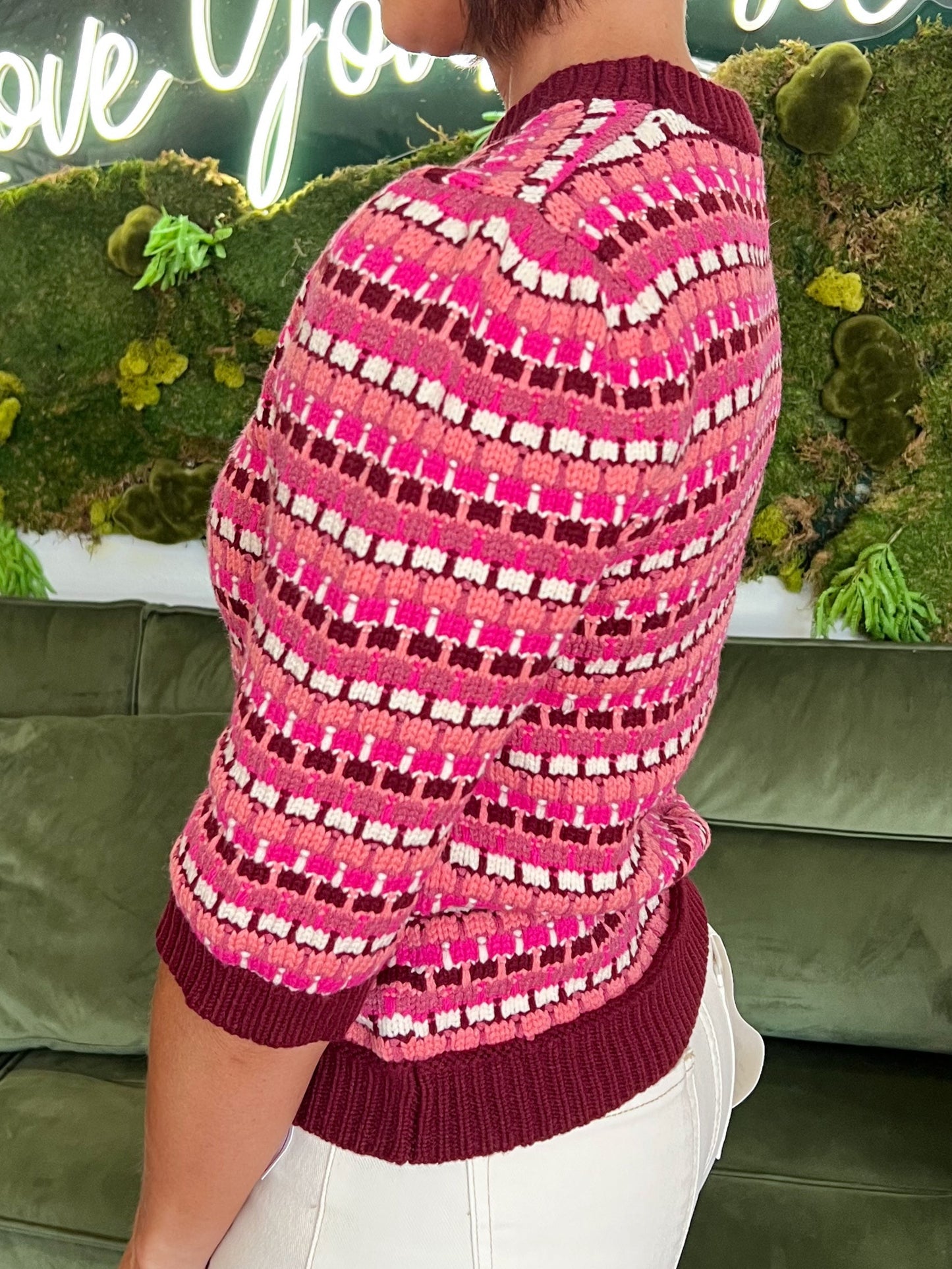 Burgundy Print Short Sleeve Sweater