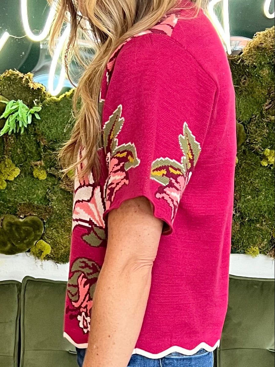 Magenta Floral Scallop Hem Short Sleeve Sweater