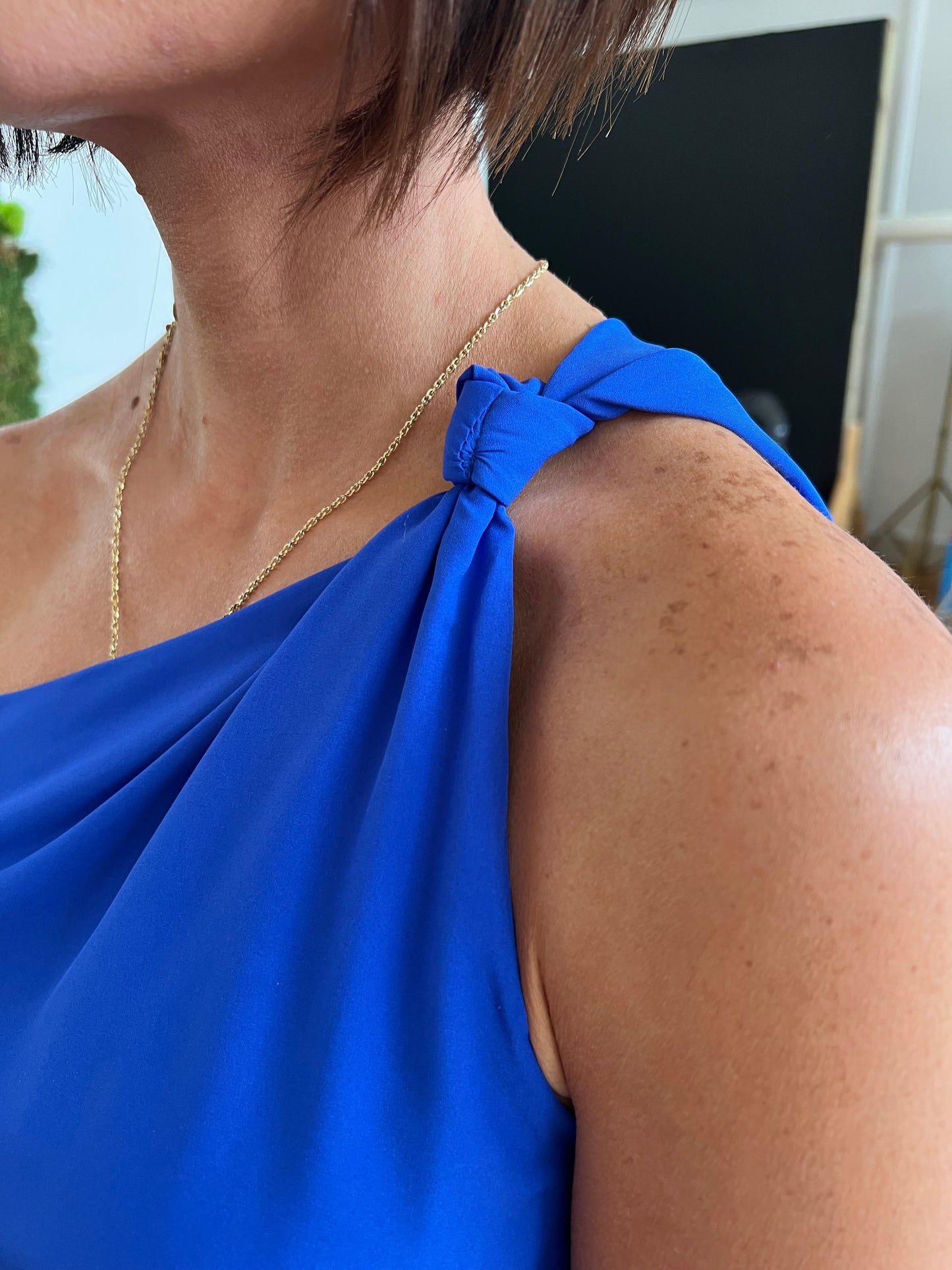 Capri Blue One Shoulder Knot Detail Top