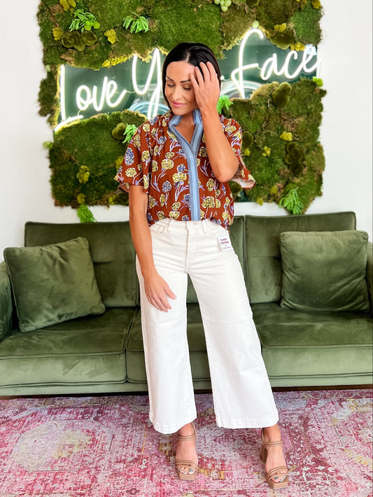 Brown Floral Smocked Split Neck Top