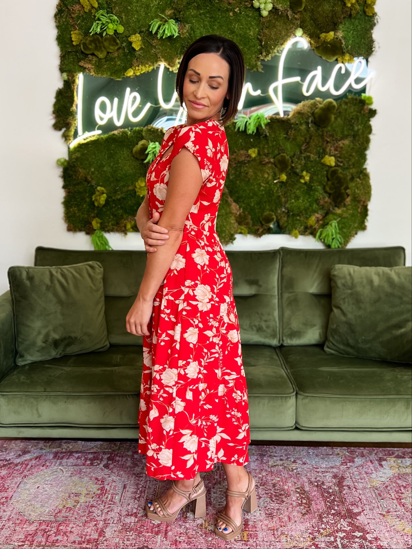 Red Floral Button Down Midi Dress