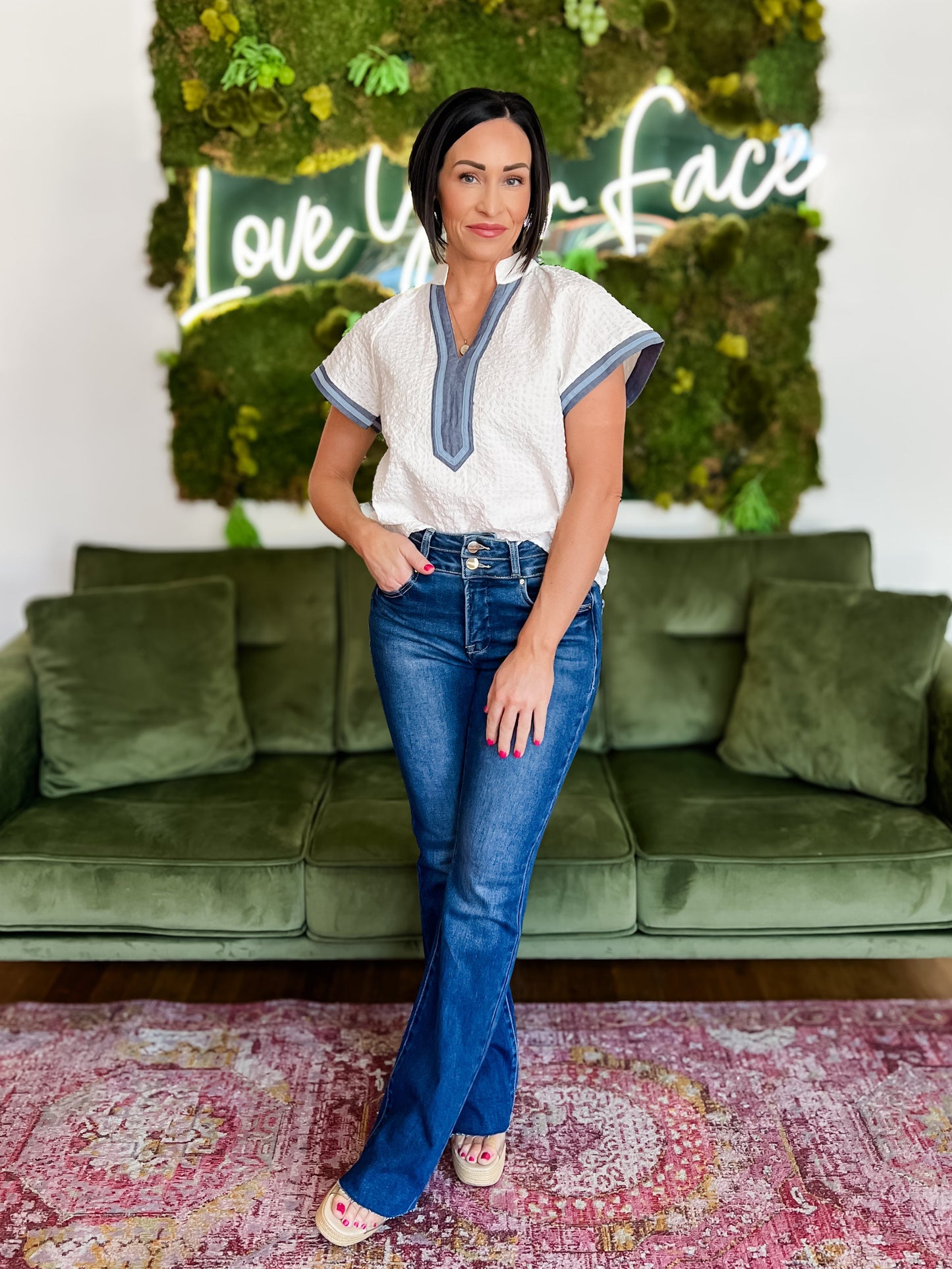 White Textured V-Neck Top