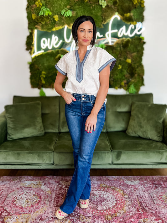 White Textured V-Neck Top