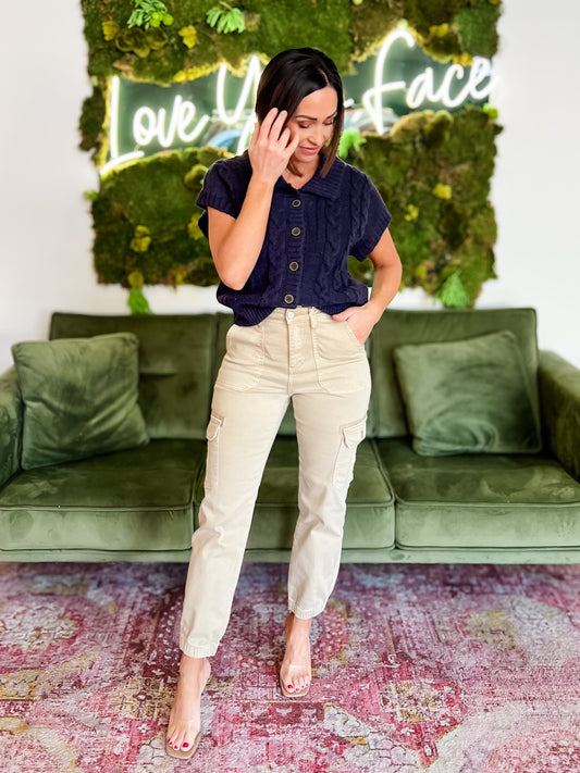 Navy Cable Knit Button-Up Sweater