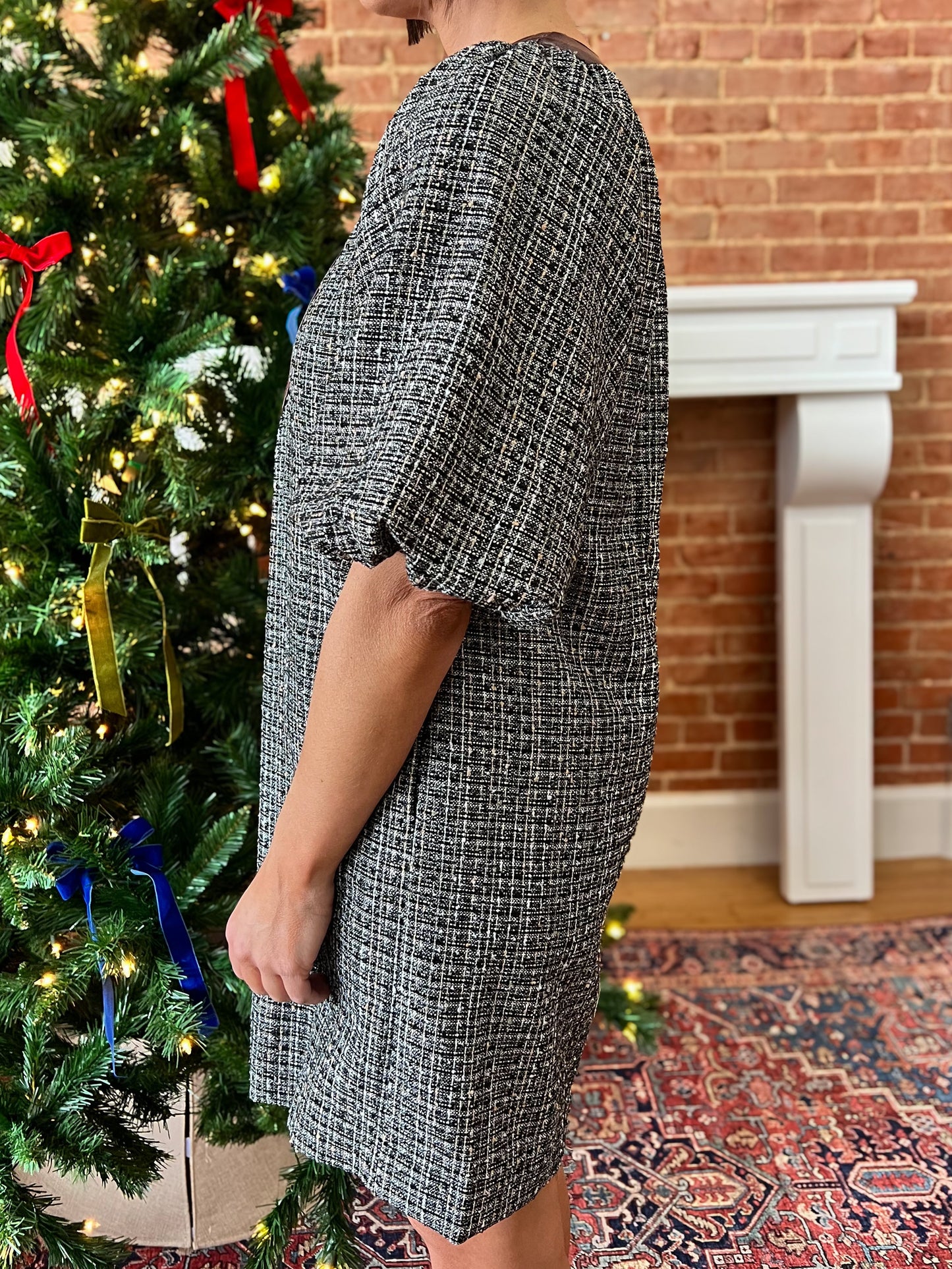 Black Tweed Split Neck Puff Sleeve Dress