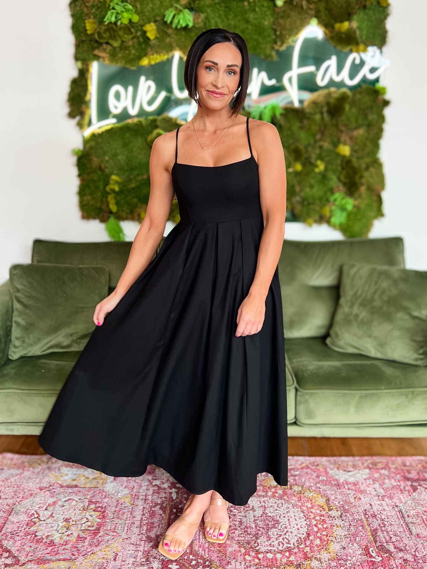 Black Linen Tie Back Flare Midi Dress